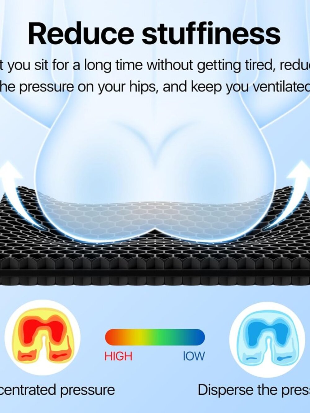 Gel Seat Cushion, Cooling Thick Big Breathable Honeycomb Design Absorbs Pressure - Picture 2 of 7